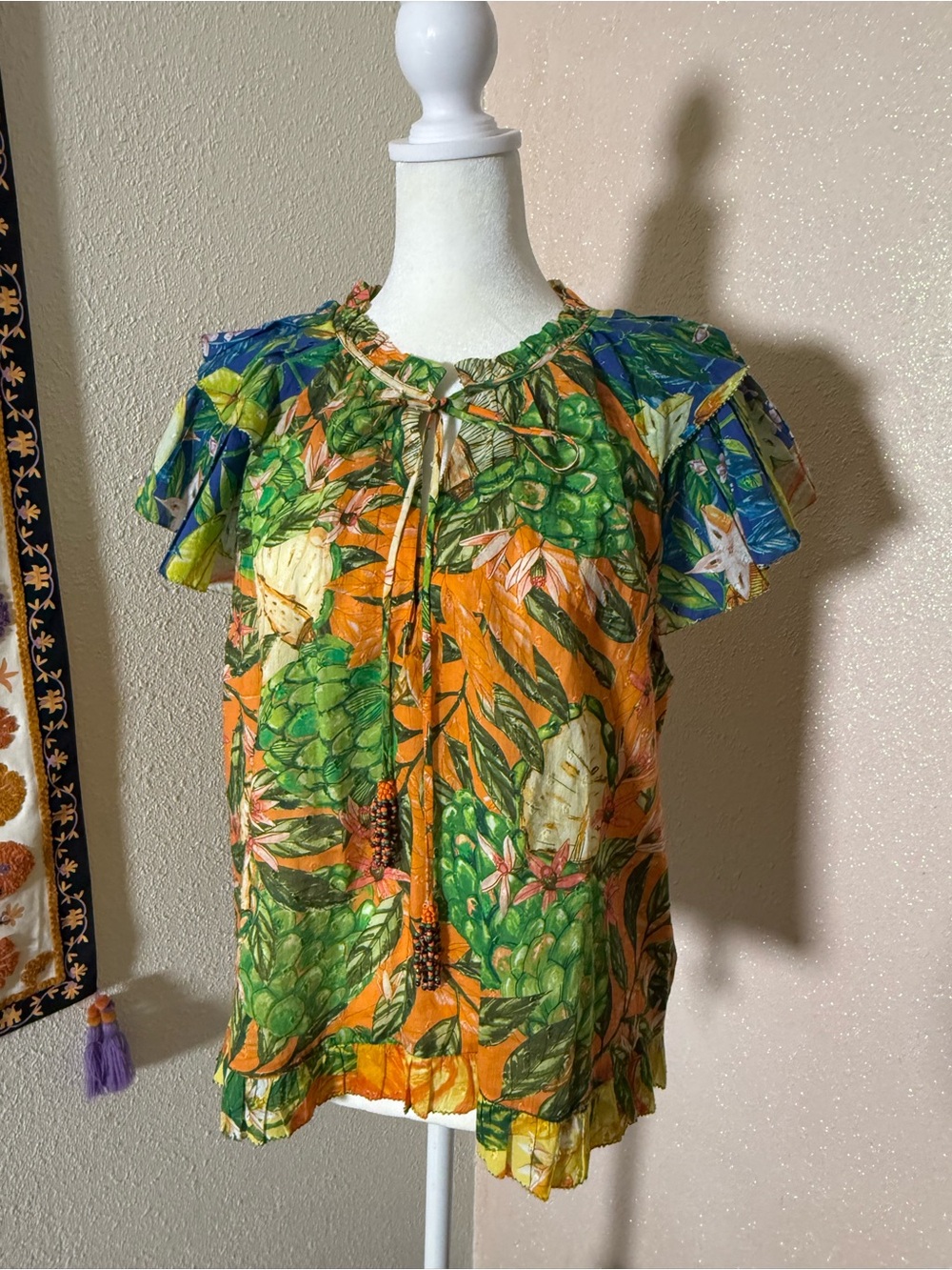 FARM Rio Green and Orange Tropical Print Puff-Sleeve Blouse - Picture 2 of 16